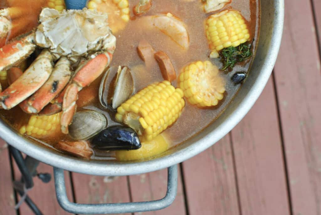 Seafood boil with crab, mussels, prawns, steamers