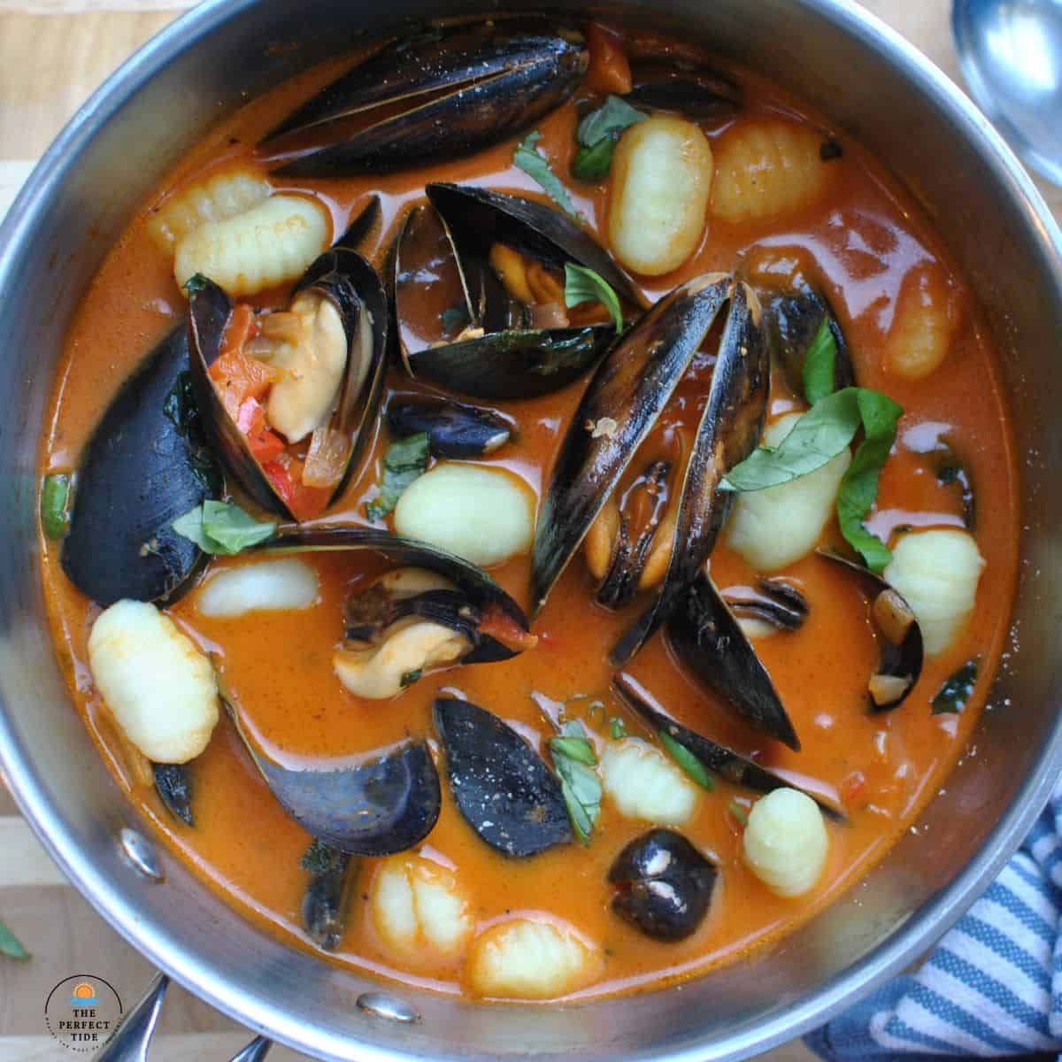 Pot of mussel soup italian style with red sauce, gnocchi and fresh basil