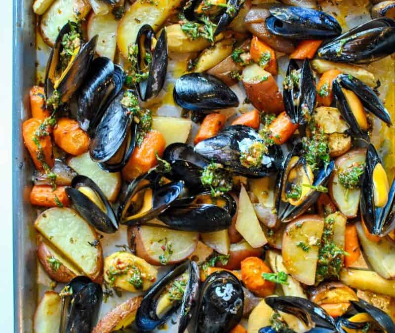 Baked Mussels with Root Vegetables