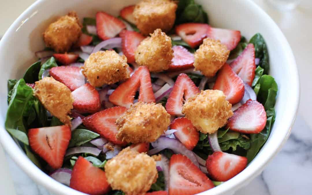 Spinach Strawberries and Fried Feta Salad