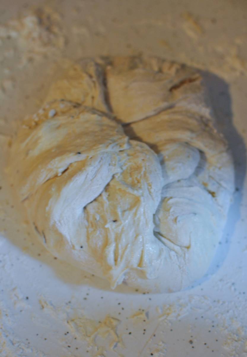 bread dough folded preparing for a no-knead bread recipe