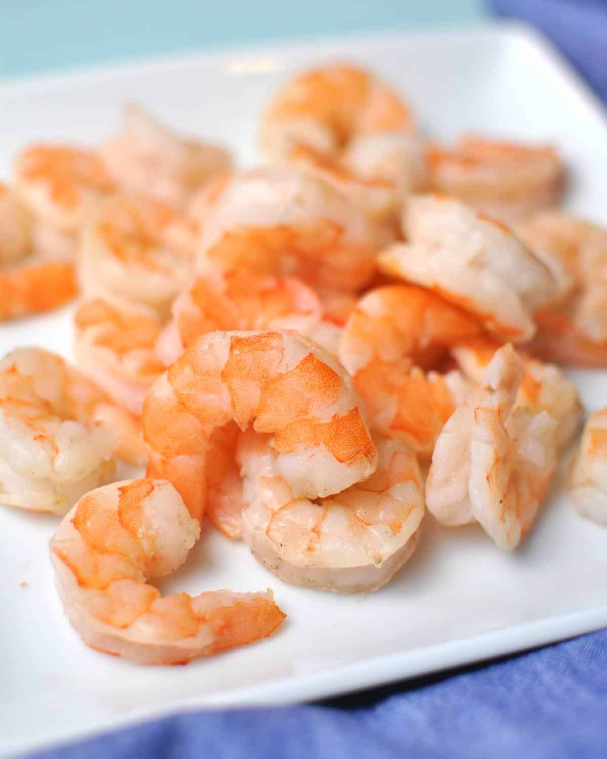close up of cooked shrimp on a white plate with blue background