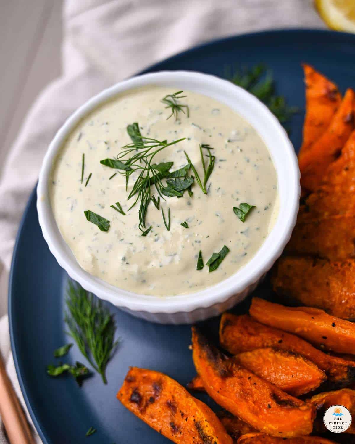 lemon her b tahini sauce with sweet potatoes