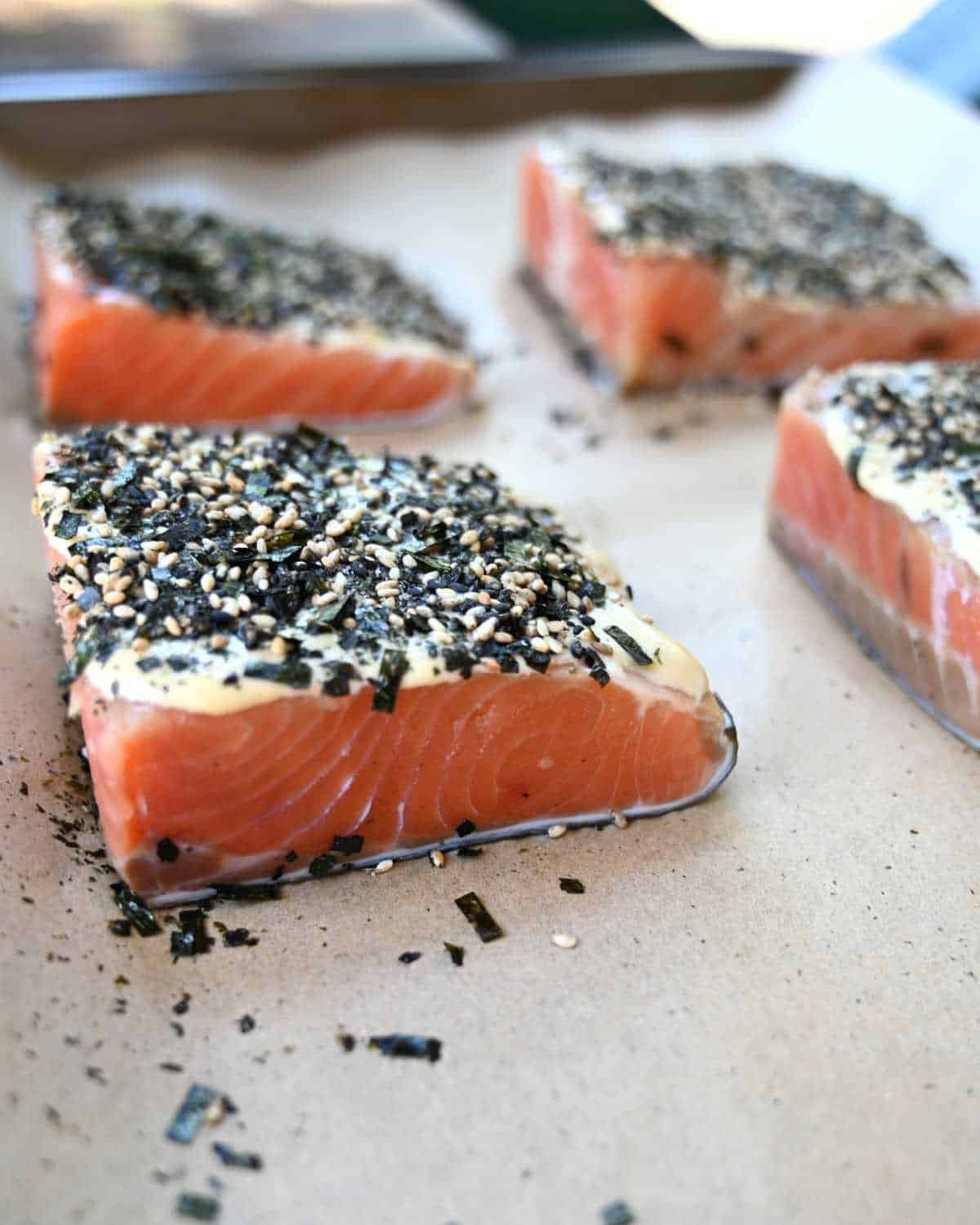 salmon with furikake mayo and wasabi