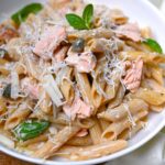 pasta al salmone with capers fresh basil and freshly shaved parmesan