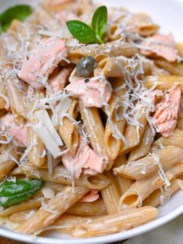 pasta al salmone with capers fresh basil and freshly shaved parmesan