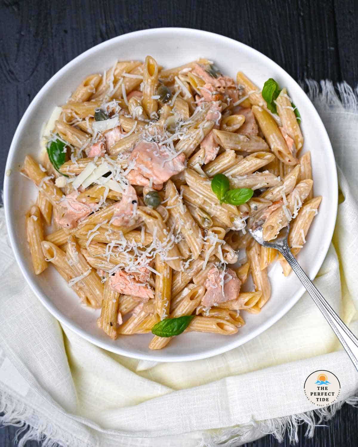 penne pasta al salmone with parmesan and basil