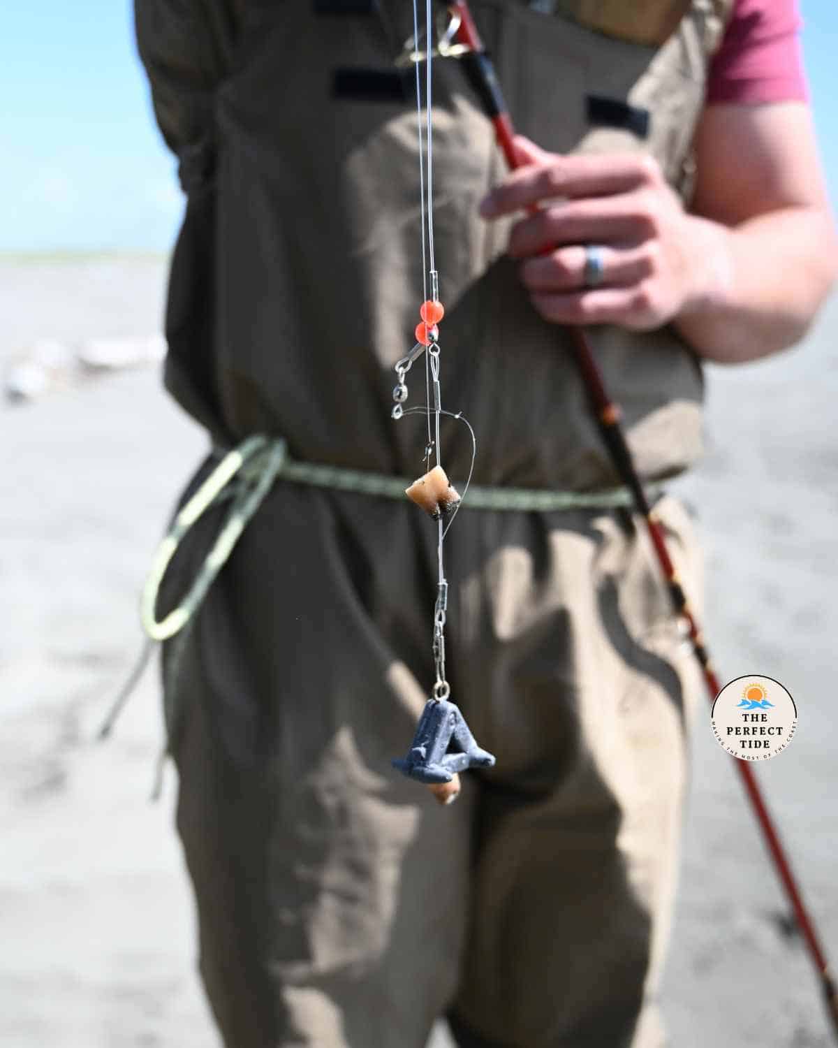 rig and hook with bait on it ready for surf fishing for perch