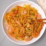 shrimp yakisoba with chopsticks