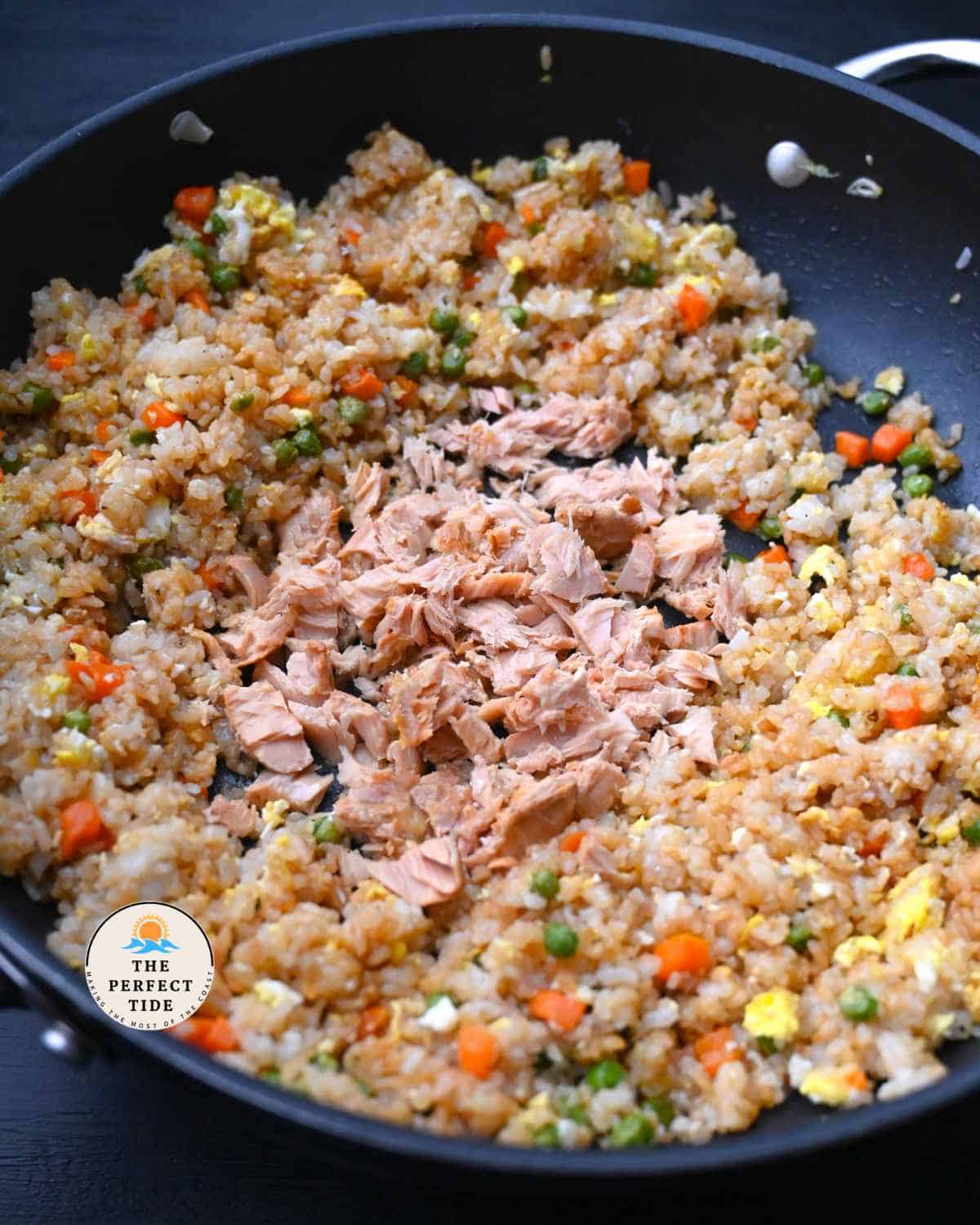 tuna fried rice in a large pan