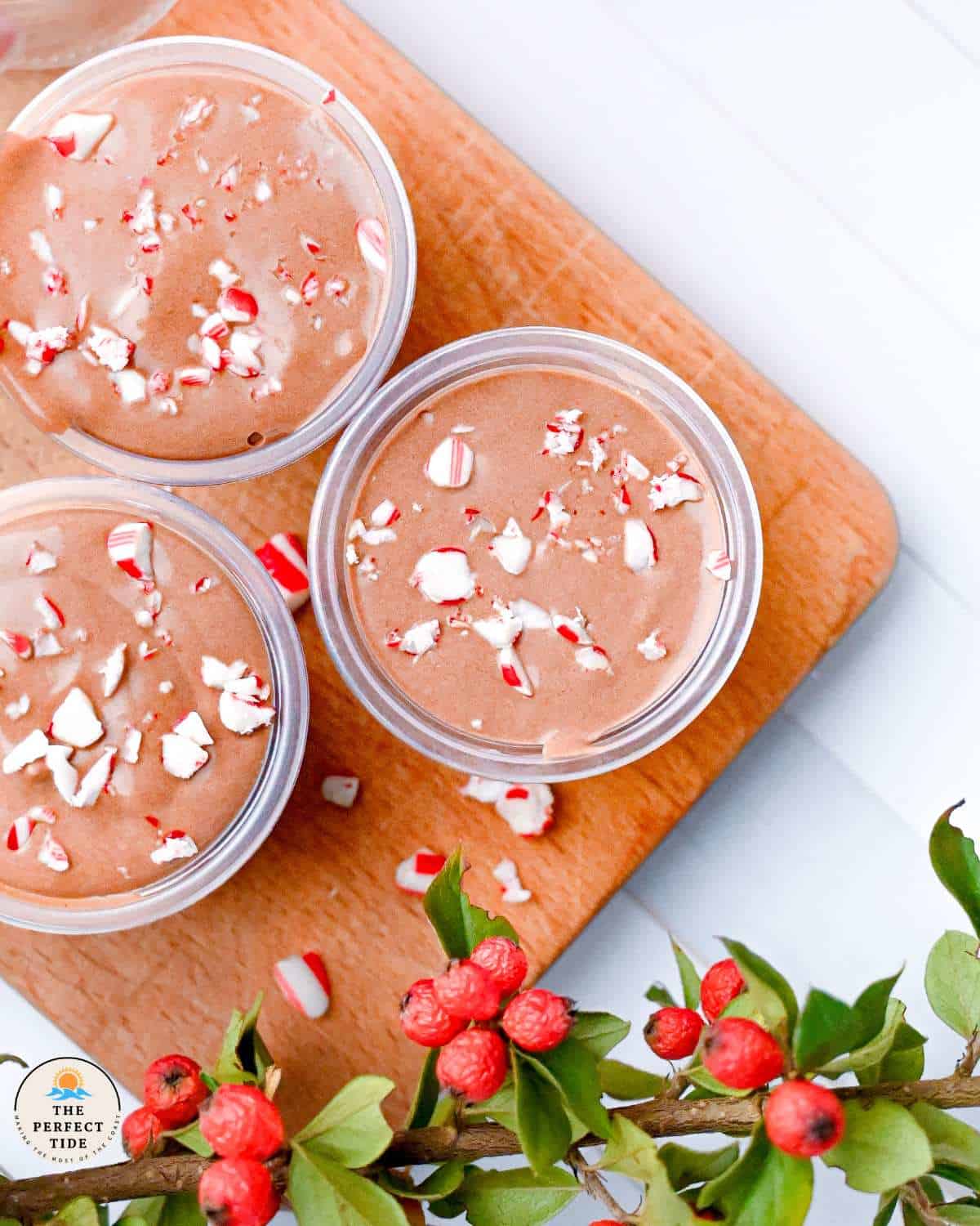peppermint bark christmas pudding shots with crushed candy canes