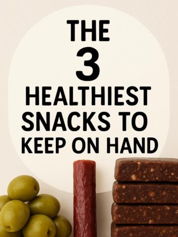 healthiest snacks to keep on hand, olives, meat stick and granola bar
