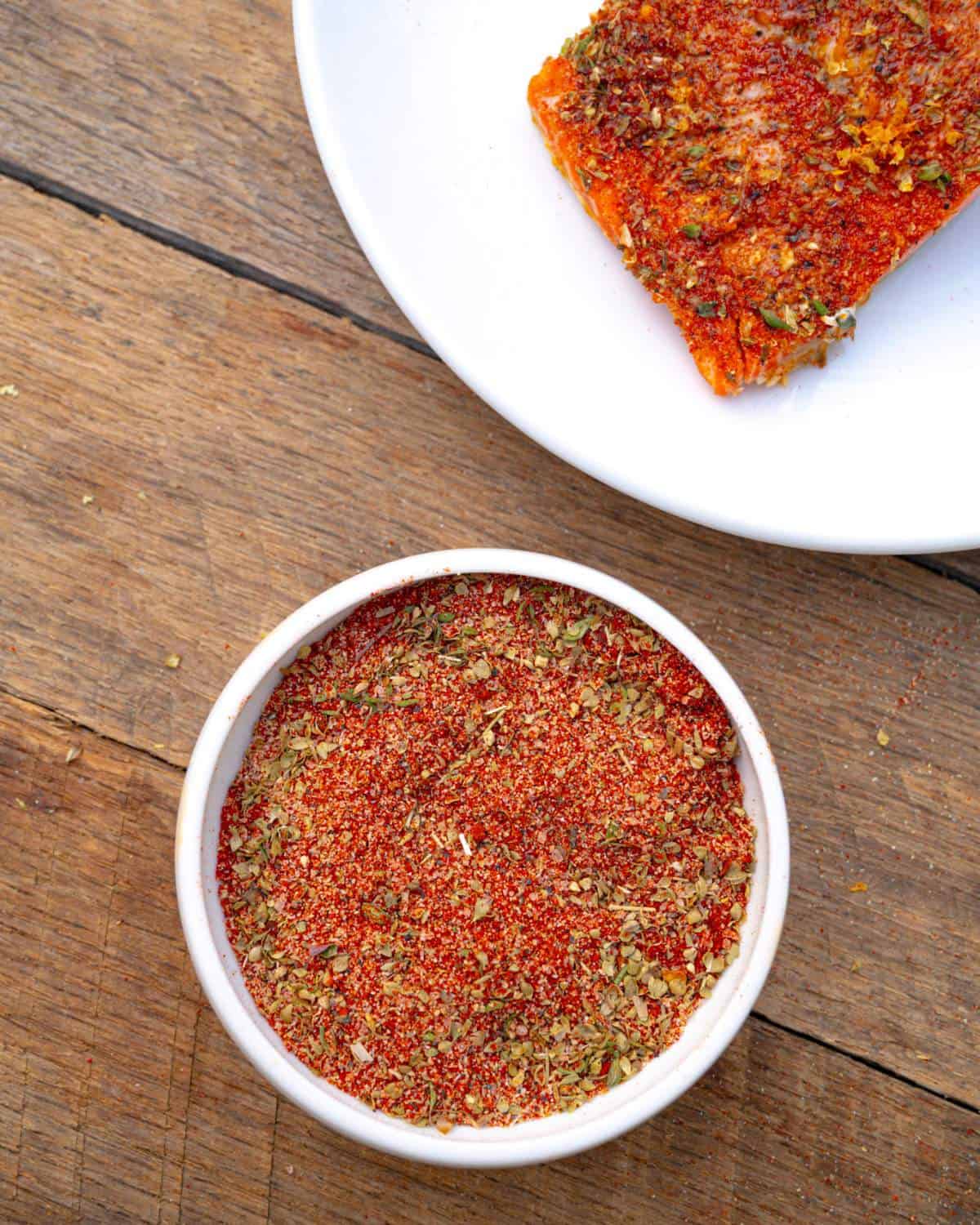 Salmon rub seasoning with herbs and spices for flavorful grilled salmon.