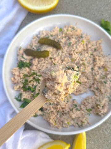 canned salmon salad recipe in a white plate with a spoonful