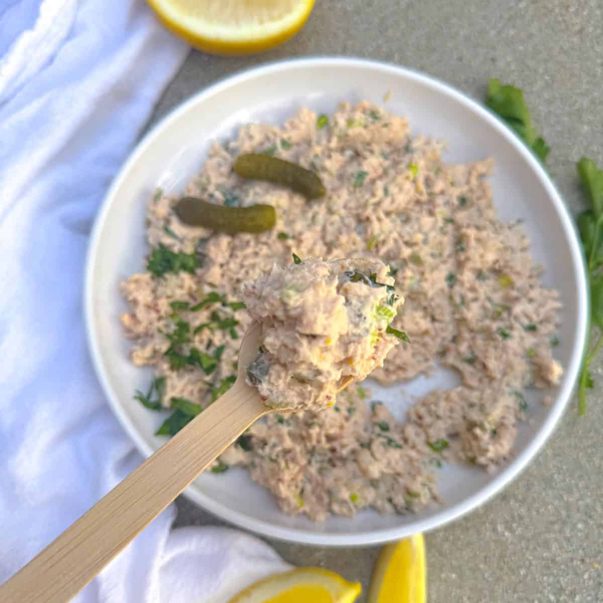 canned salmon salad recipe in a white plate with a spoonful