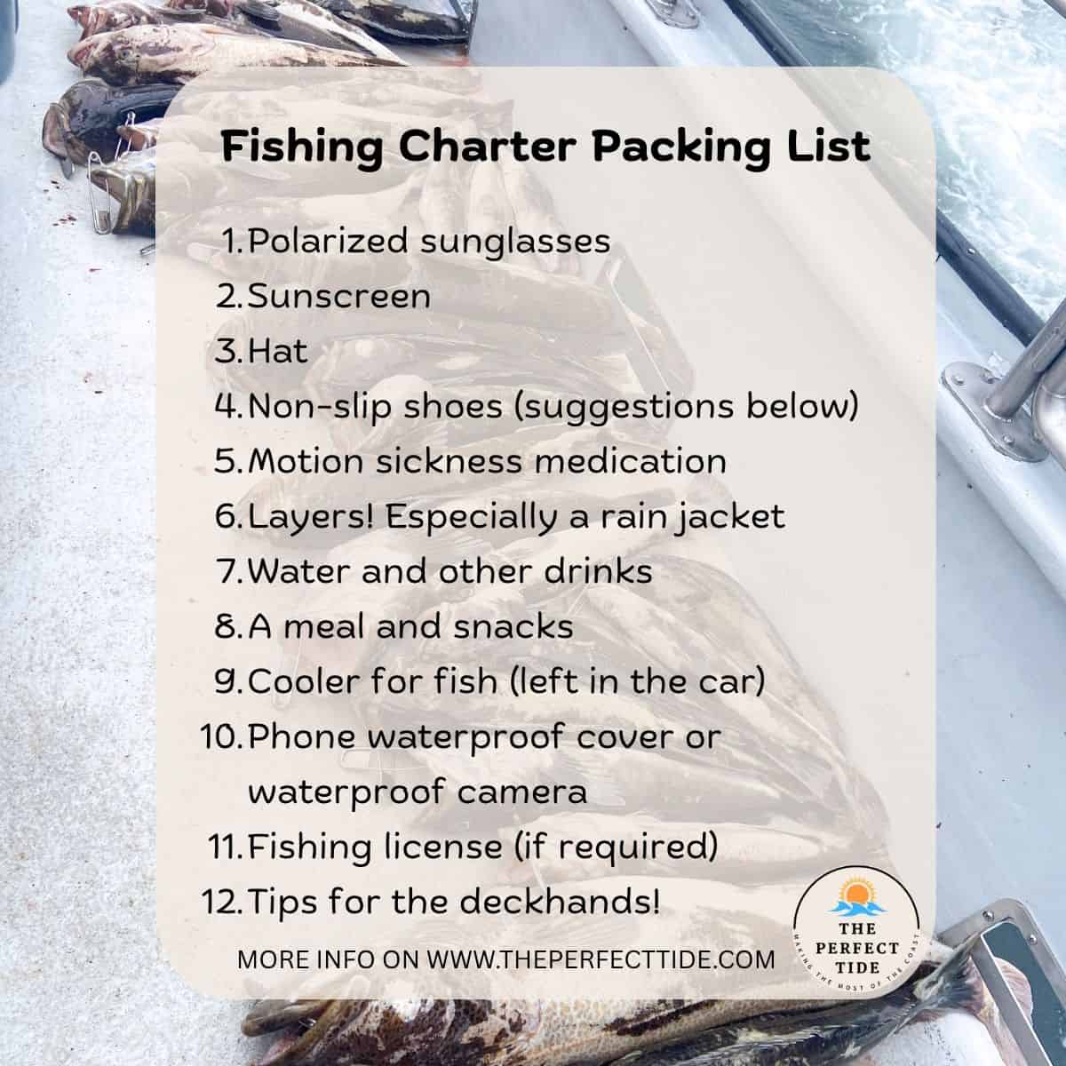 FISHING CHARTER PACKING LIST SUNSCREEN HAT FOOD DRINK FISHING LICENSE AND MORE LISTED ON THIS IMAGE