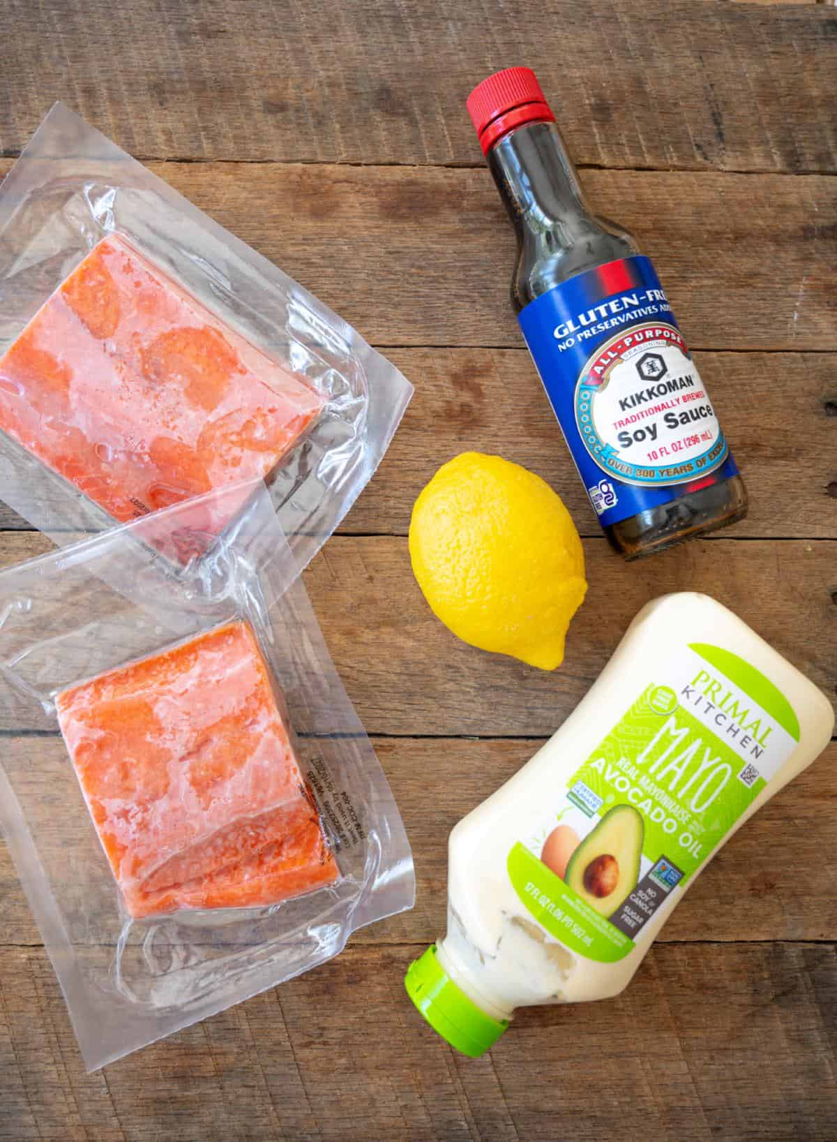 Ingredients for frozen salmon in air fryer recipe theres frozen salmon fillets mayo lemon soy sauce