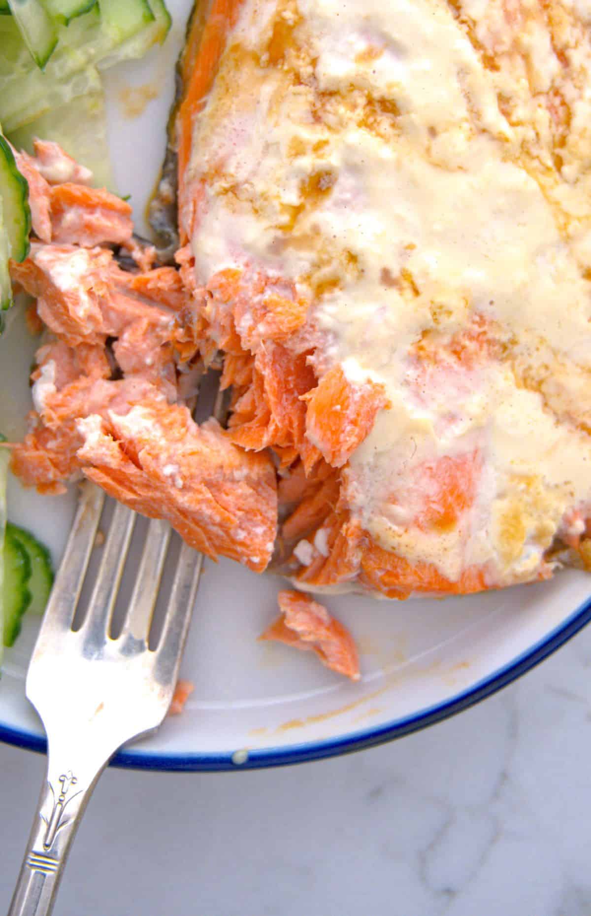 air fryer frozen salmon recipe close up image to flaky salmon